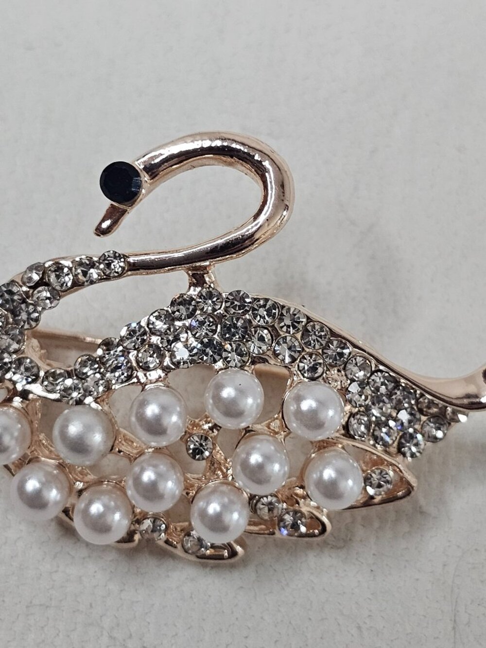 Gold Tone Swan Brooch Embellished Clear Rhinestone Faux Pearl Bird Pin Signed